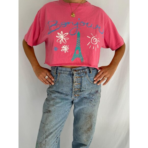 90s vintage pink bonjour paris travel souvenir cotton cropped tee shirt crop top - Picture 2 of 9